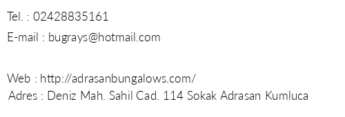 Adrasya Bungalovs telefon numaralar, faks, e-mail, posta adresi ve iletiim bilgileri